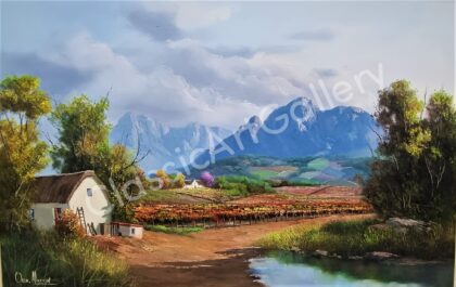 1. Mountain and winelands scene, 112x81 cm, Brown frame