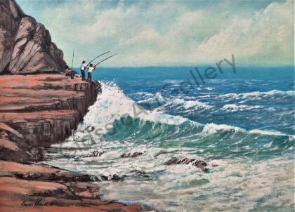 103. Rock fishing, 60x74cm, brown frame