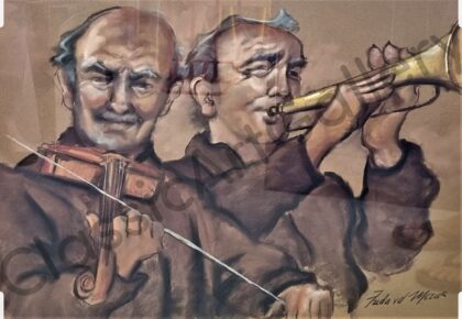 131. Trumpet players, 95x116cm, brown frame with glass cover