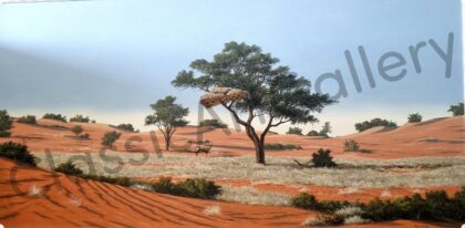 134. Karoo scene, brown frame, 123x223cm