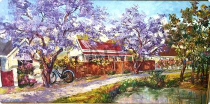 135. Neighborhood, 122x72cm, brown frame.