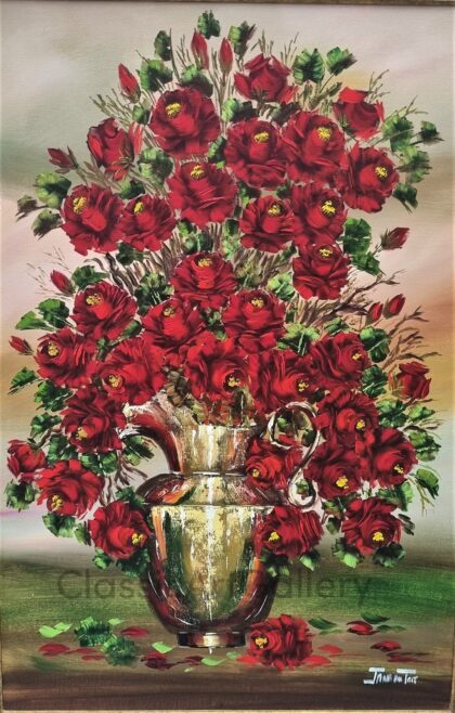 5. Red flowers vase, 101x139cm, Brown frame