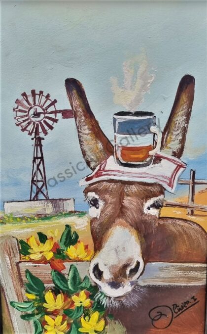 72. Donkey by windmill, 37x54cm, brown frame