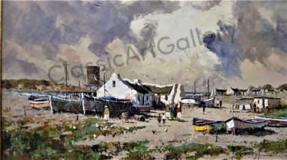 9. Fishing village, 165x105cm, brown frame