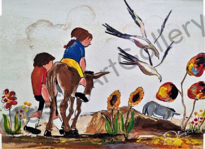 95. Kids and a donkey, 60x48cm, white frame
