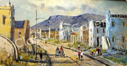 152. People in the village, 121x76cm, brown frame