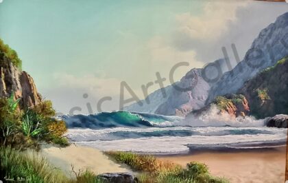 155. Beach scene, 114x82 cm, brown frame.