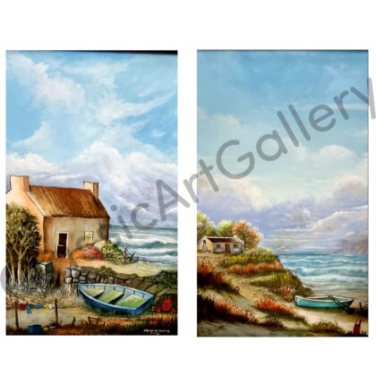 159. House on the beach set, 58x77cm each, white frames.